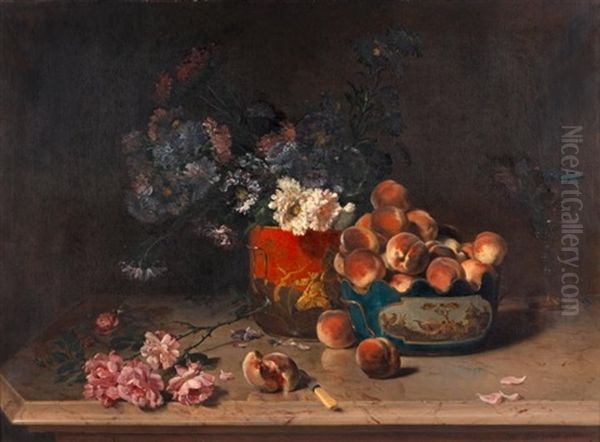 Nature Morte De Fleurs Et De Fruits Dans Des Rafraichissoirs En Tole Peinte Oil Painting by Philippe Rousseau