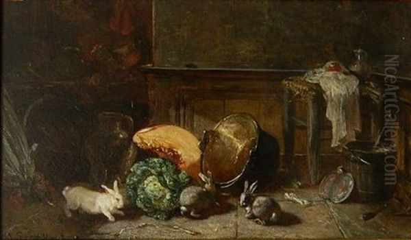 Interior Scene With Rabbits Oil Painting by Philippe Rousseau