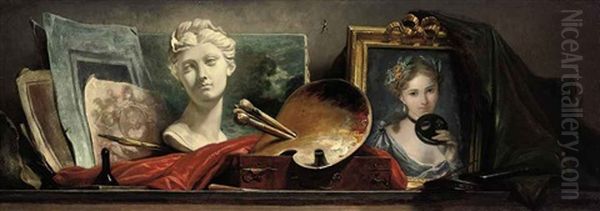 A Trompe-l'oeil Still Life Of A Portrait Of A Young Lady Holding A Mask, A Sculpted Marble Bust, A Palette With Paints And Brushes... Oil Painting by Philippe Rousseau