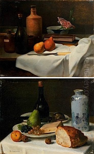 Nature Morte Au Vase En Porcelaine De Chine (+ Nature Morte A La Pivoine, Aux Livres Et A La Bouteille, Lrgr; Pair) Oil Painting by Philippe Rousseau