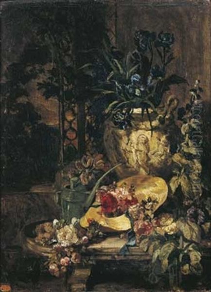 Nature Morte Aux Bouquet D'iris, Chapeau De Paille Et Arrosoir, Sur Une Table Et Arrosoir, Sur Une Table En Marbre Dans Un Jardin D'hiver Oil Painting by Philippe Rousseau