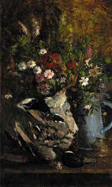 Summer Flowers In A Jug Alongside A Mallard On A Table Oil Painting by Philippe Rousseau