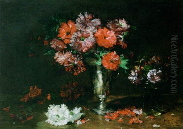 A Still Life Of Anemones In A Silver Jug Oil Painting by Philippe Rousseau