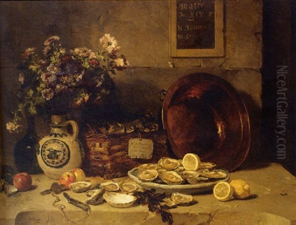 A Still Life With Oysters, Lemons And Chrysanthemums In A Vase Oil Painting by Philippe Rousseau