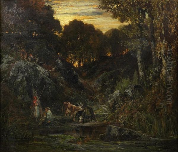 Forest Scene With Peasants And Cows Oil Painting by Theodore Rousseau