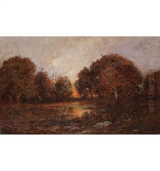 Baumbestandene Teichlandschaft Im Abendrot Oil Painting by Theodore Rousseau