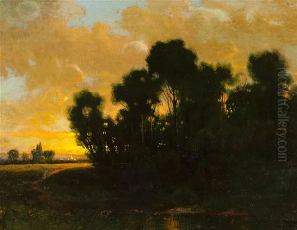 Barbizon Landscape With Trees Silhouetted Against An Orange And Yellow Sunset, A Path Leading To A Darkened Pond With A Village In The Distance Oil Painting by Theodore Rousseau