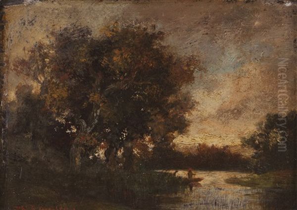 Landscape With River, Trees And Figures Oil Painting by Theodore Rousseau