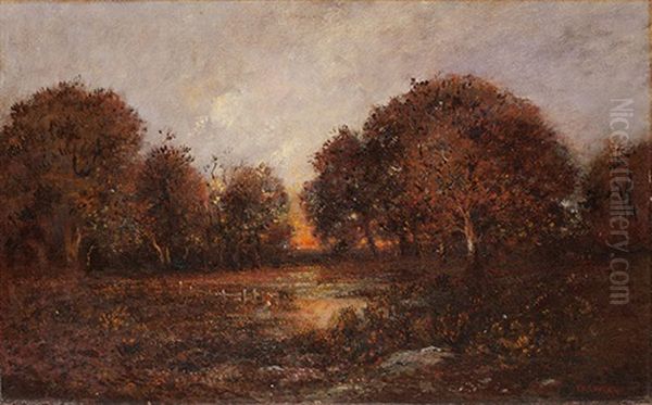 Baumbestandene Teichlandschaft Im Abendrot by Theodore Rousseau