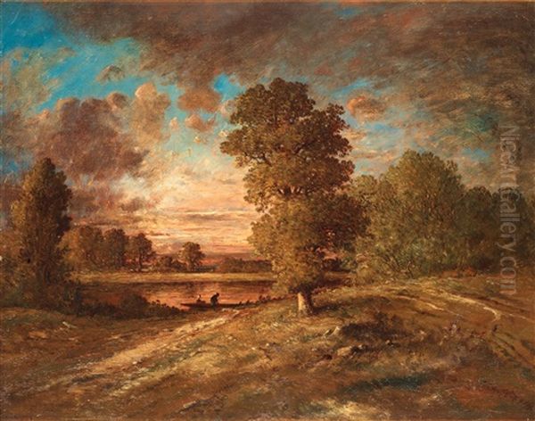 Paysage Au Crepuscule (landscape With Sunset) Oil Painting by Theodore Rousseau