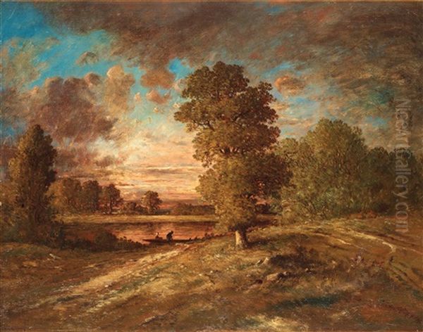 Paysage Au Crepuscule (landskap Med Solnedgang) Oil Painting by Theodore Rousseau