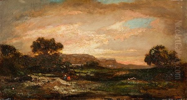 Landschaft Mit Figurenstaffage Bei Sonnenuntergang Oil Painting by Theodore Rousseau