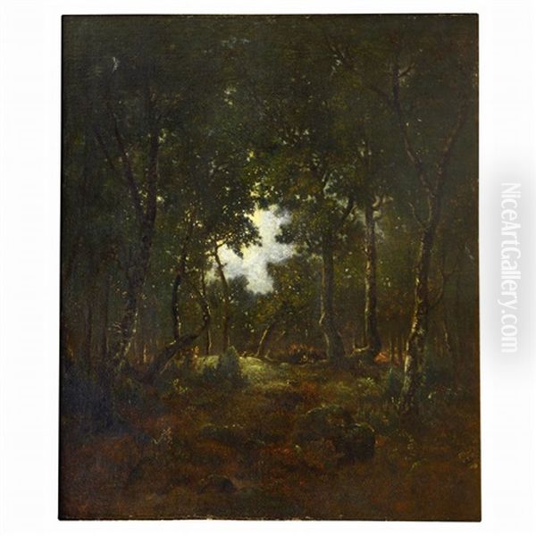 Clair De Lune En Foret De Fontainebleau (la Butte Aux Lapins) Oil Painting by Theodore Rousseau