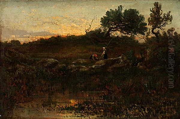 Landskap Med Arbetande Kvinnor Oil Painting by Theodore Rousseau