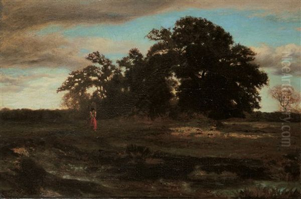 La Porteuse De Fagots. Bewaldete Landschaft In Der Umgebung Von Barbizon Mit Einer Reisigtragenden Frau. Oil Painting by Theodore Rousseau