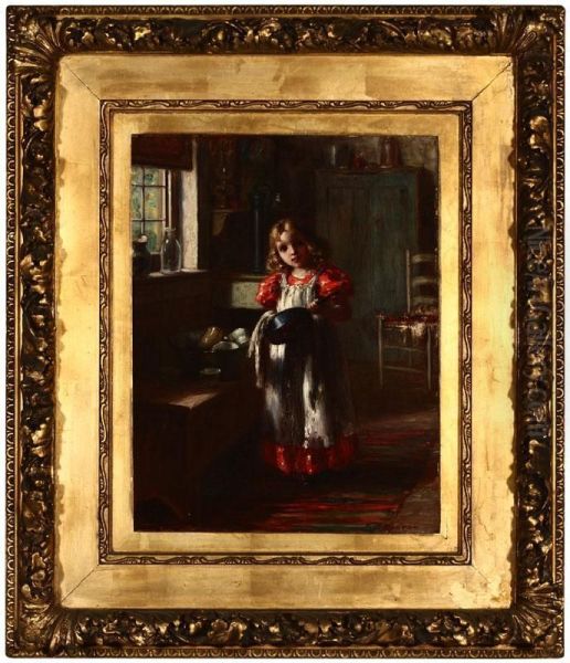 Portrait Of A Little Girl Washing A Pot In A Kitchen Interior Oil Painting by Frederick James Boston