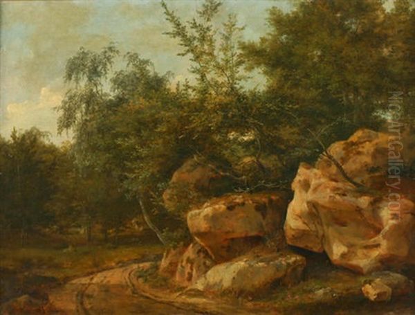 Lichtung Mit Weg In Einem Felsigen Waldstuck Bei Fontainebleau Oil Painting by Theodore Rousseau