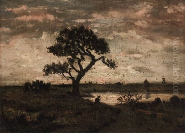 Pecheur Sous Un Arbre Pres D'une Mare Oil Painting by Theodore Rousseau