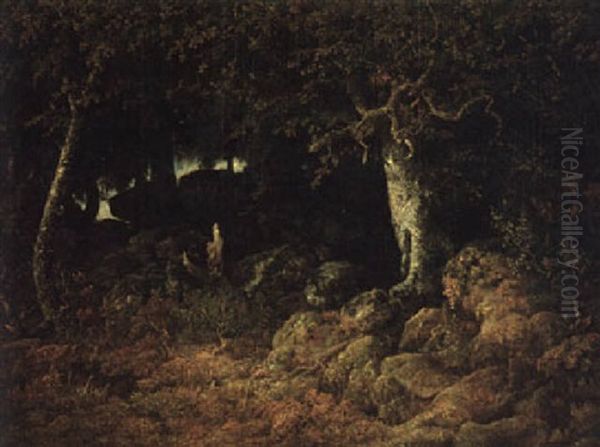 Le Chene De Roche, Foret De Fontainebleau Oil Painting by Theodore Rousseau