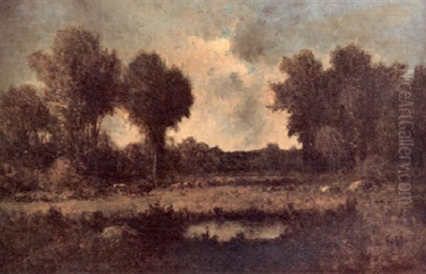 A Pastoral Scene With Cattle In A Clearing And A Pond In The Foreground Oil Painting by Theodore Rousseau