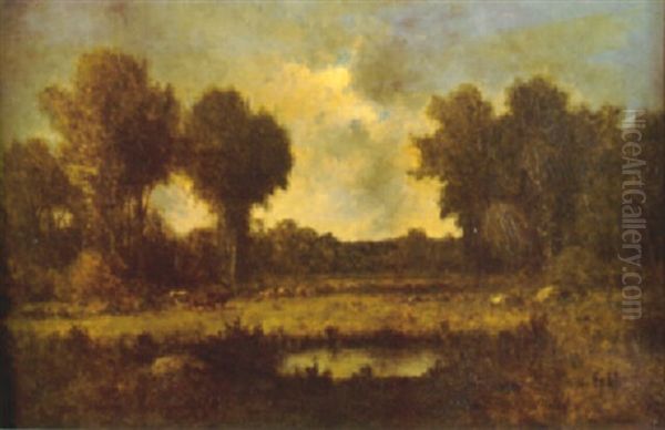 A Pastoral Scene With Cattle In A Clearing And A Pond In The Foreground Oil Painting by Theodore Rousseau