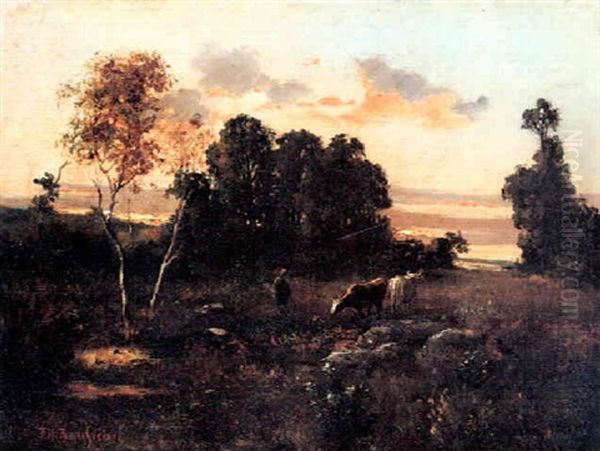 Cows In A Landscape At Sunset Oil Painting by Theodore Rousseau