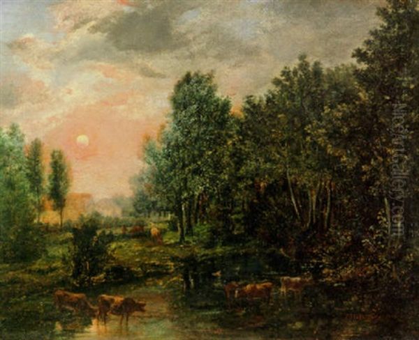 A Woodland Pond At Sunset Oil Painting by Theodore Rousseau