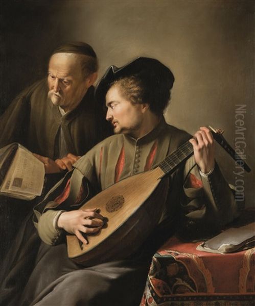 Lute Player Accompanying An Old Man Holding A Musical Score Oil Painting by Jacques des Rousseaux