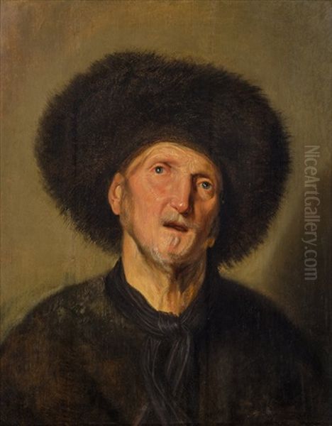 Man With Fur Cap (rembrandts Father ?) Oil Painting by Jacques des Rousseaux