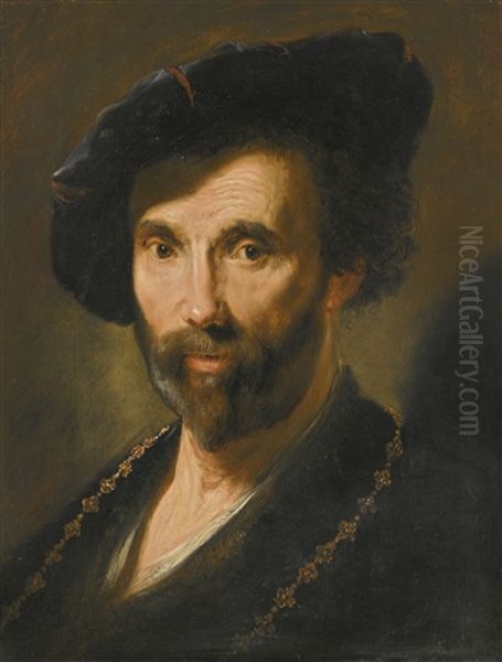 Portrait Of A Man, Head And Shoulders, Wearing A Blue Velvet Cap And Gold Chain Oil Painting by Jacques des Rousseaux