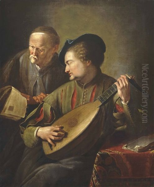 Two Men Playing The Lute And Singing Beside A Table In An Interior Oil Painting by Jacques des Rousseaux