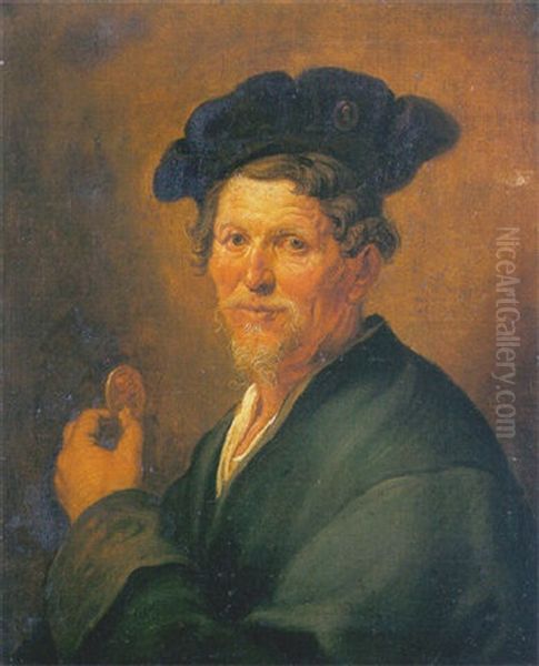 Portrait Of An Old Man In A Grey Coat And Beret, Holding A Portrait Medallion Oil Painting by Jacques des Rousseaux