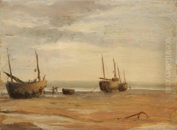 Berck, Chalutier A Maree Basse Oil Painting by Charles Emmanuel Joseph Roussel