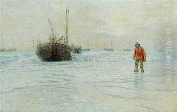 Chalutier Longeant La Plage Oil Painting by Charles Emmanuel Joseph Roussel