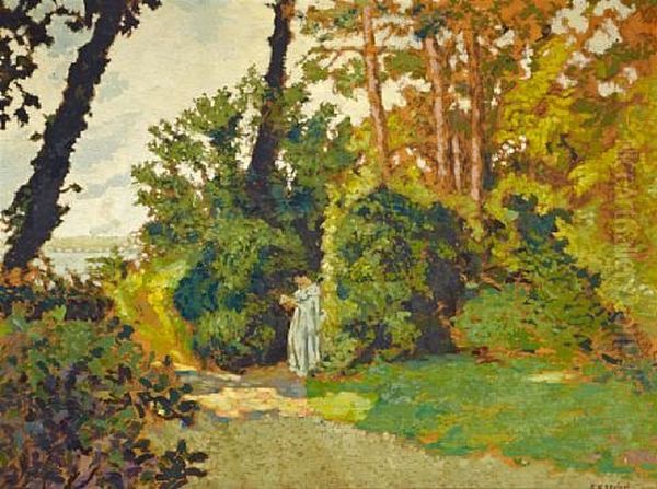 A Wooded Landscape With A Figure On A Path Oil Painting by Ker Xavier Roussel