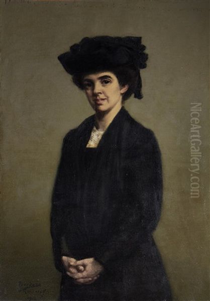 Portrait Of Miss Robertine Heriot, Half-length, In A Black Dress And Hat Oil Painting by Theodore Casimir Roussel