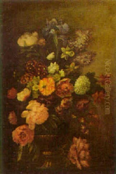 Still Life Of Mixed Flowers Displayed In An Ormulu Mounted Vase Oil Painting by Theodore Casimir Roussel