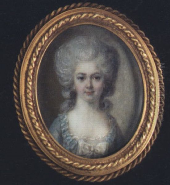 A Lady With Powdered Hair, Wearing Decollete Pale Blue Dress With White Lace Trim And Bow At Her Corsage Oil Painting by Pierre Rouvier