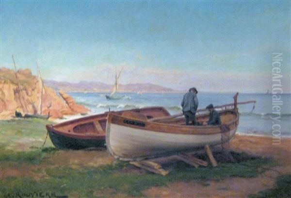 Barques Dans La Baie De Cannes Oil Painting by Charles Claude Etienne Rouviere