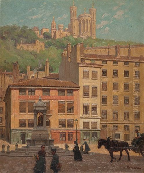 Belebter Platz In Lyon Mit Blick Auf Die Basilika Notre-dame De Fourviere Oil Painting by Charles Claude Etienne Rouviere