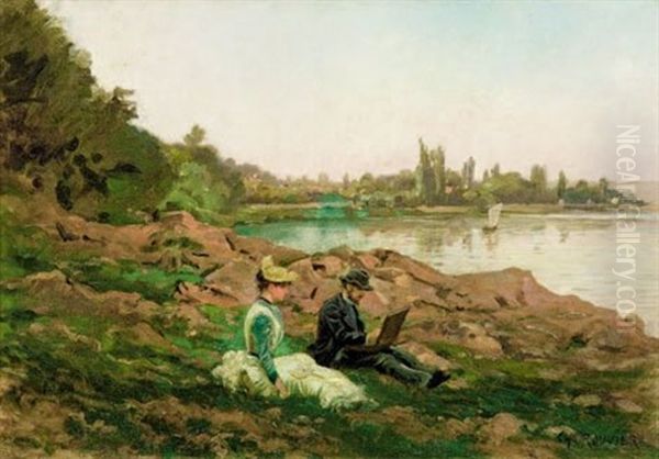 Peintre Au Bord De L'etang Oil Painting by Charles Claude Etienne Rouviere