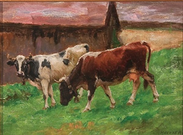 Grazing Cattle Oil Painting by Charles Claude Etienne Rouviere