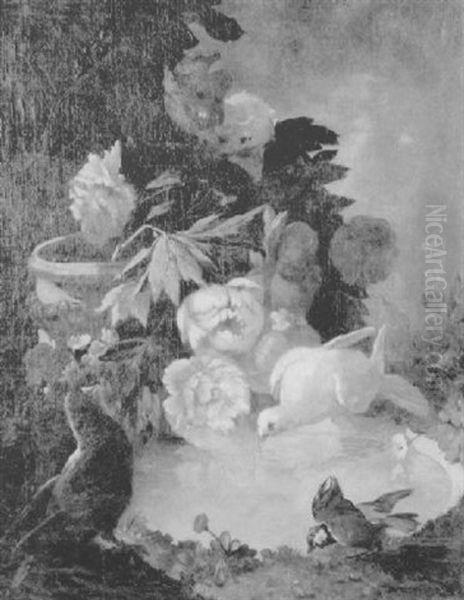 Nature Morte Aux Pivoines Et Aux Pigeons Oil Painting by Joseph Victor Roux Champion