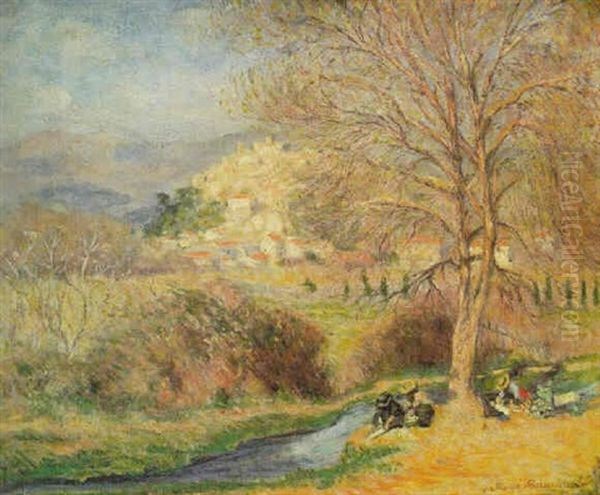 Paysage En Automne Avec Personnages Pres D'un Ruisseau Oil Painting by Joseph Victor Roux Champion