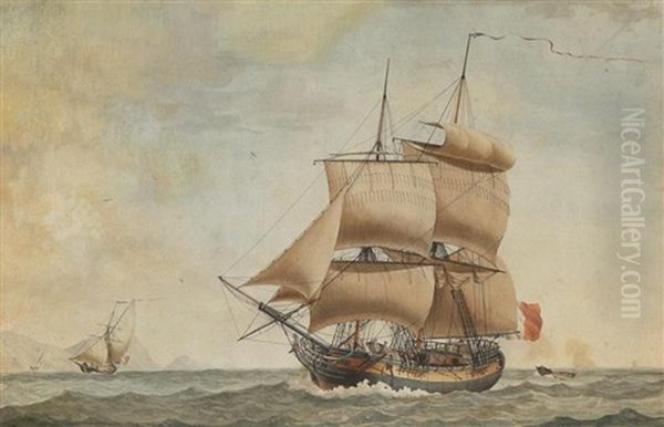 A Brig In Company With Other Shipping Off A Headland Oil Painting by Antoine Roux