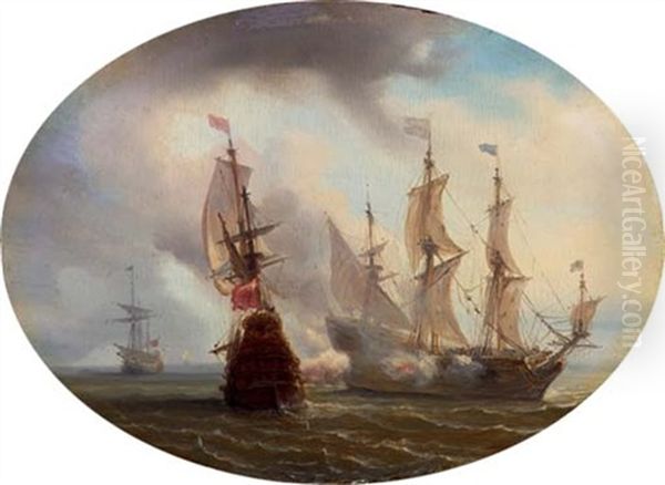 A Naval Engagement Oil Painting by Antoine Roux