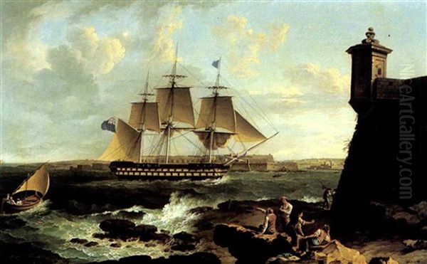 H.m.s. 'bellerophon' Entering Port Mahon Harbour Oil Painting by Antoine Roux