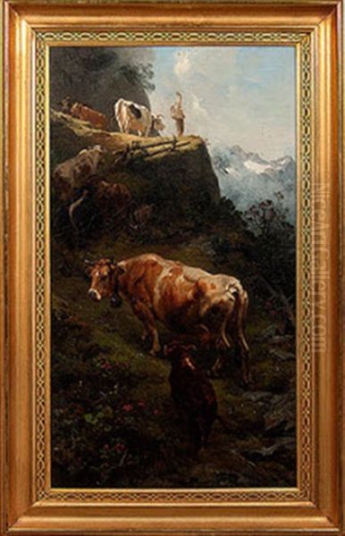 Hiker And Cows In A Mountainous Landscape Oil Painting by Carl Roux