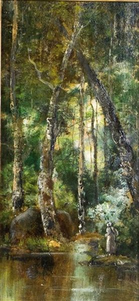 Waldlandschaft Mit Bachlauf Im Sommer (+ Waldlandschaft Mit Bachlauf Im Winter; Pair) Oil Painting by Carl Roux