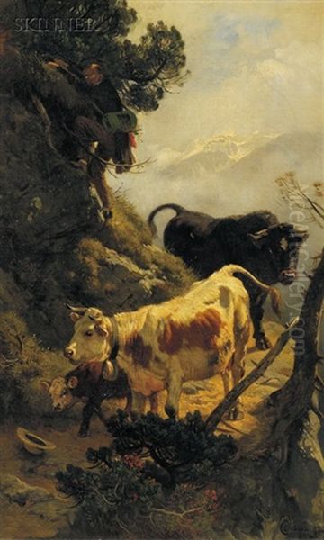 Cattle Coming Round The Mountain Oil Painting by Carl Roux